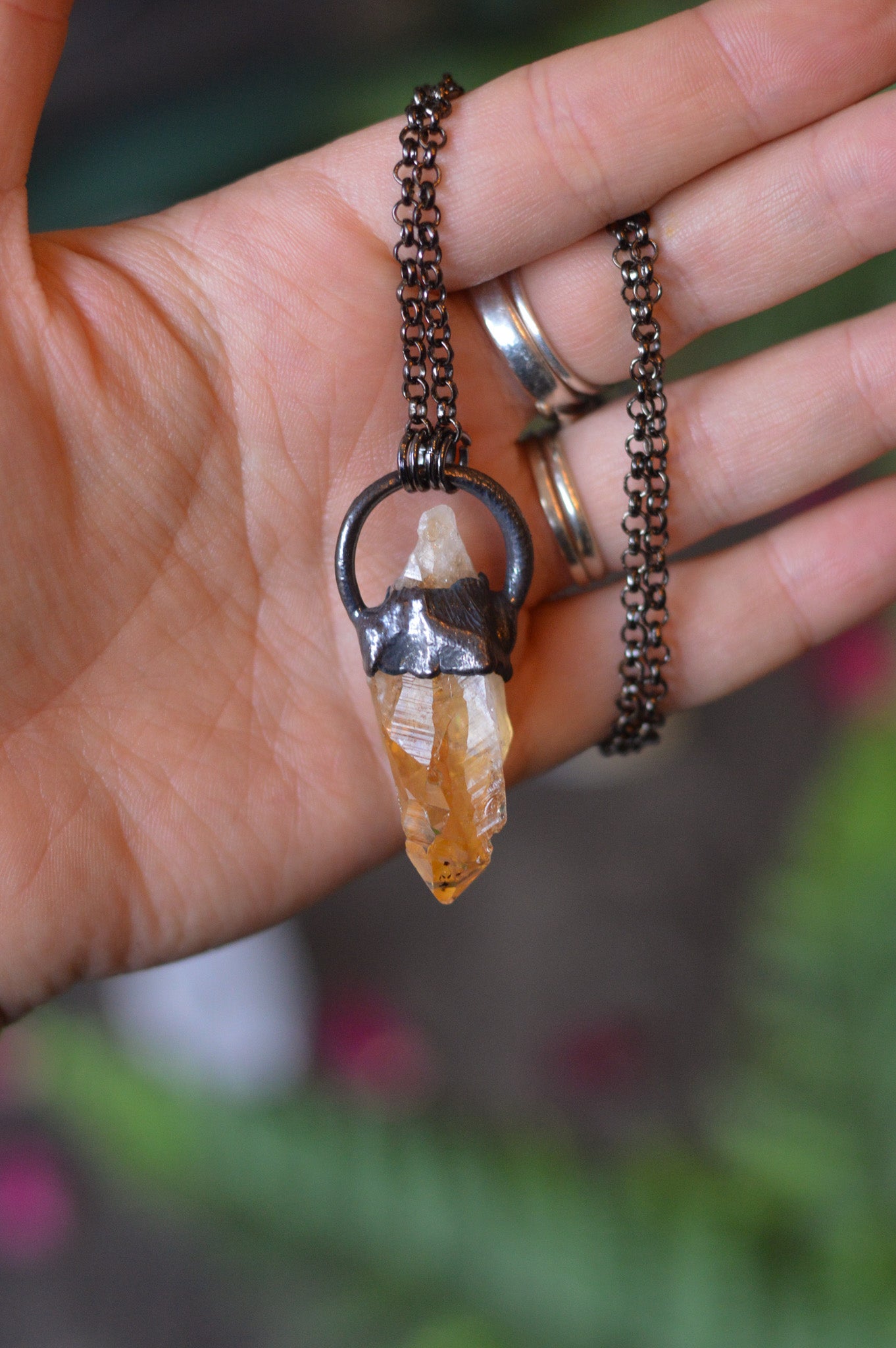 Rough Heated Citrine Point Necklace - Gunmetal Copper