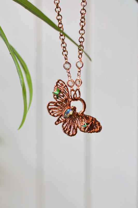 Asymmetrical Rhinestone Butterfly Copper Necklace