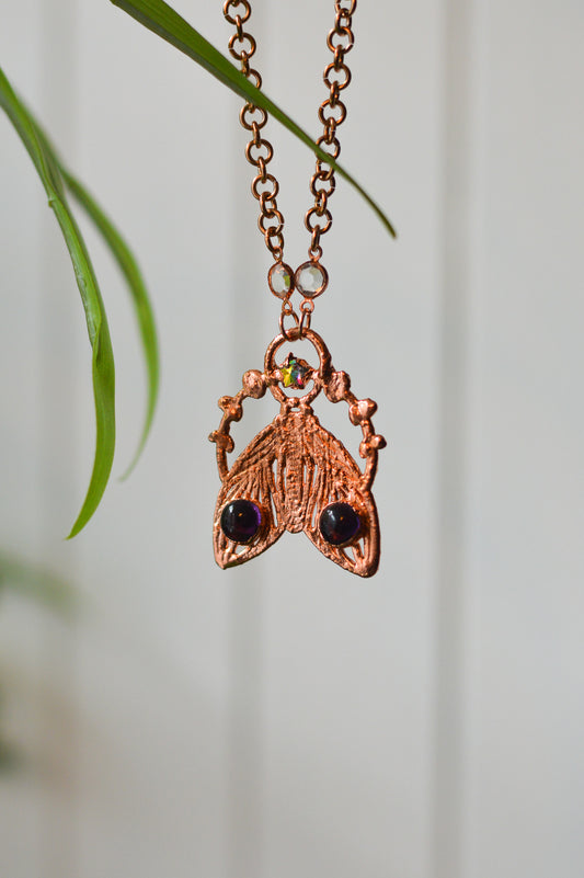 Amethyst & Rhinestone Moth Copper Necklace