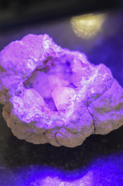 UV Reactive Calcite With Rare NATURAL "Aura" On Pink Amethyst Specimen